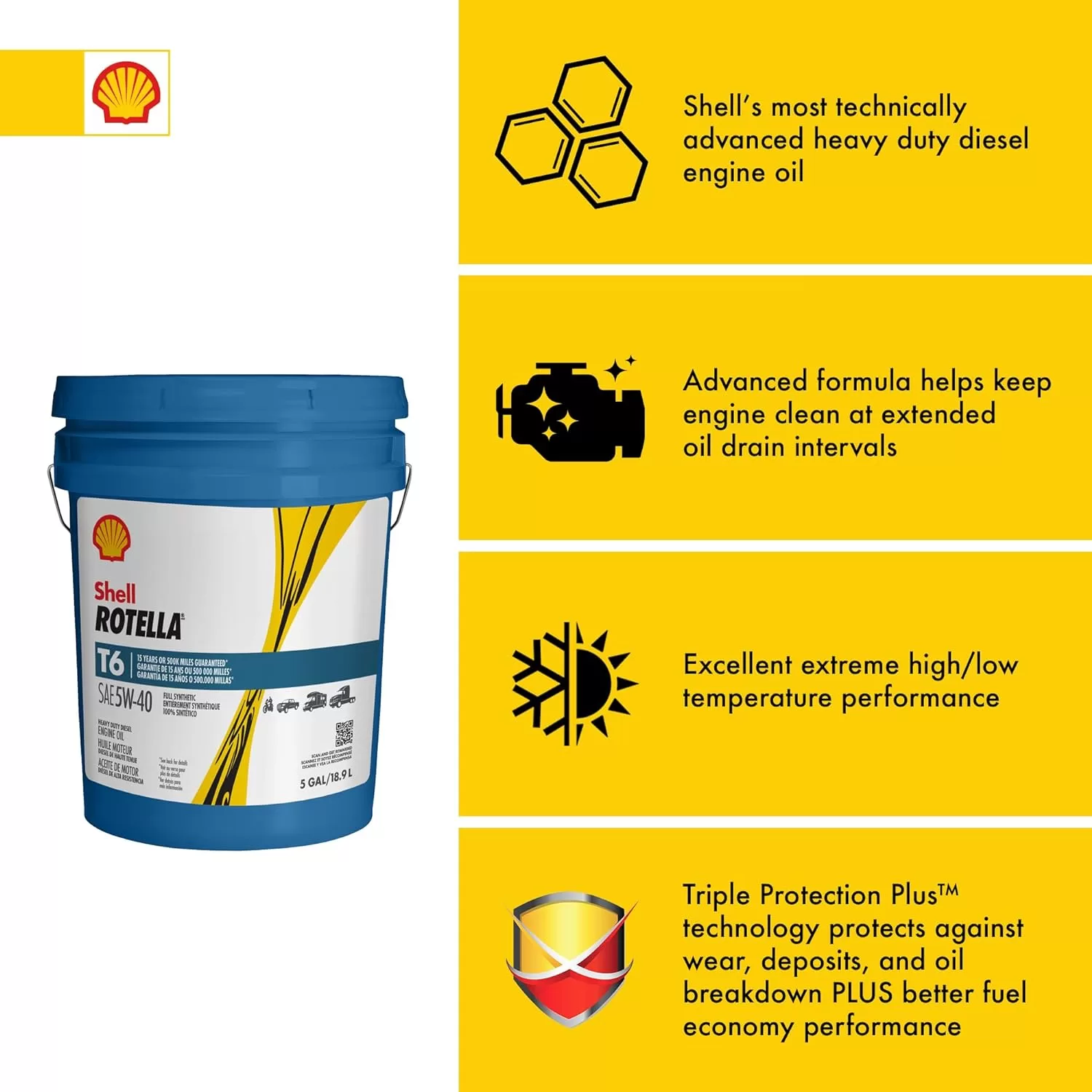 Shell Rotella T - 550046217 6 Full Synthetic 5W-40 Diesel Engine Oil (5-Gallon Pail)