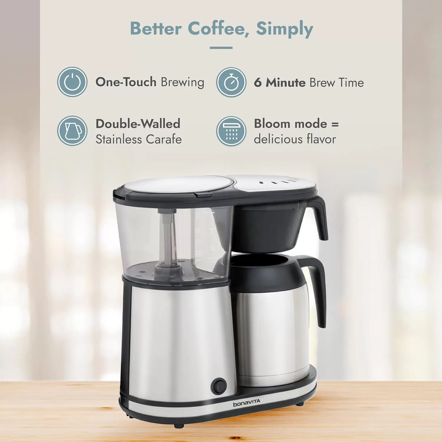 Bonavita Connoisseur 8 Cup Drip Coffee Maker Machine, One-Touch Pour Over Brewer w/Thermal Carafe, Stainless Steel