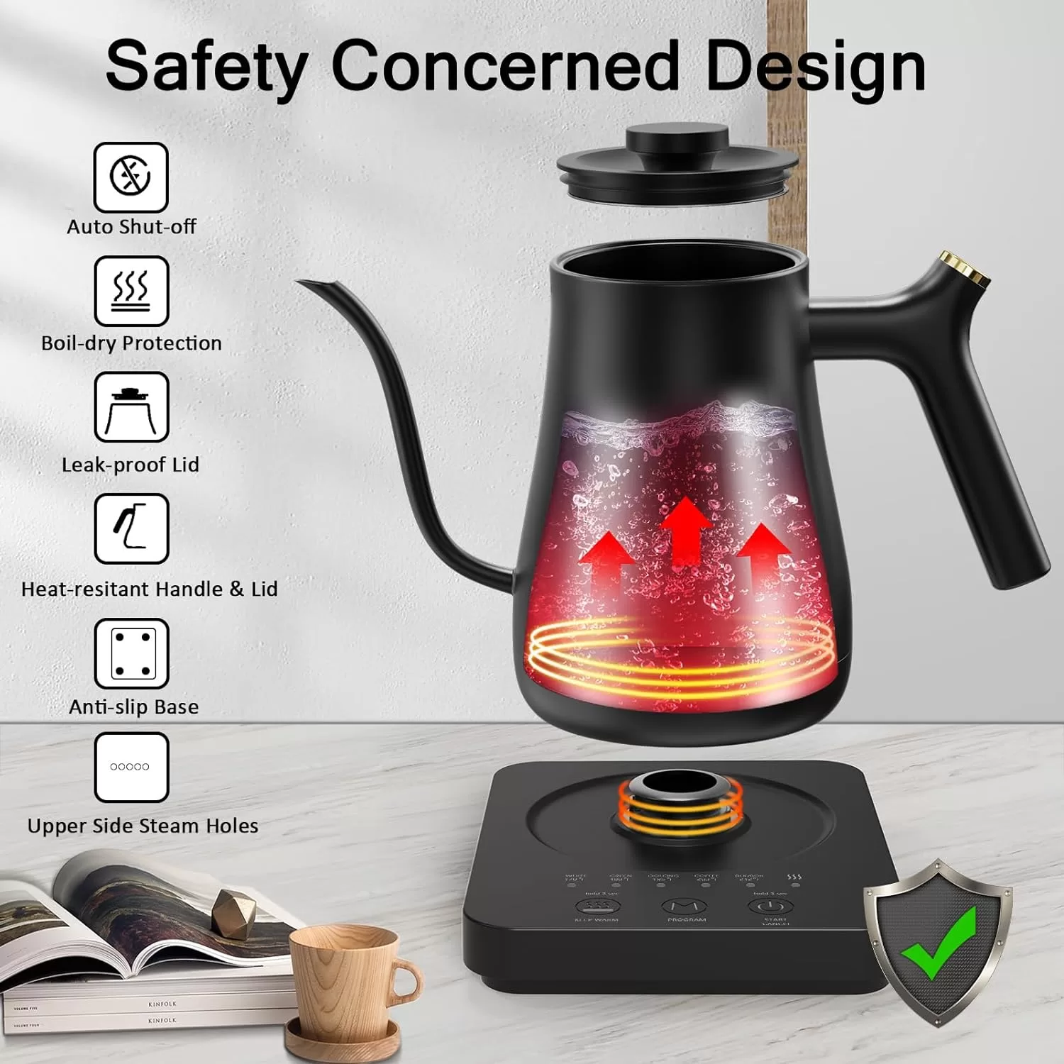 Ulcreigo Gooseneck Electric Kettle Temperature Control with 5 Variable Presets, (Black)