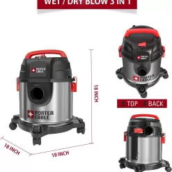 PORTER-CABLE Wet/Dry Vacuum 4 Gallon 4HP Stainless Steel Light Weight Portable, Silver+Red