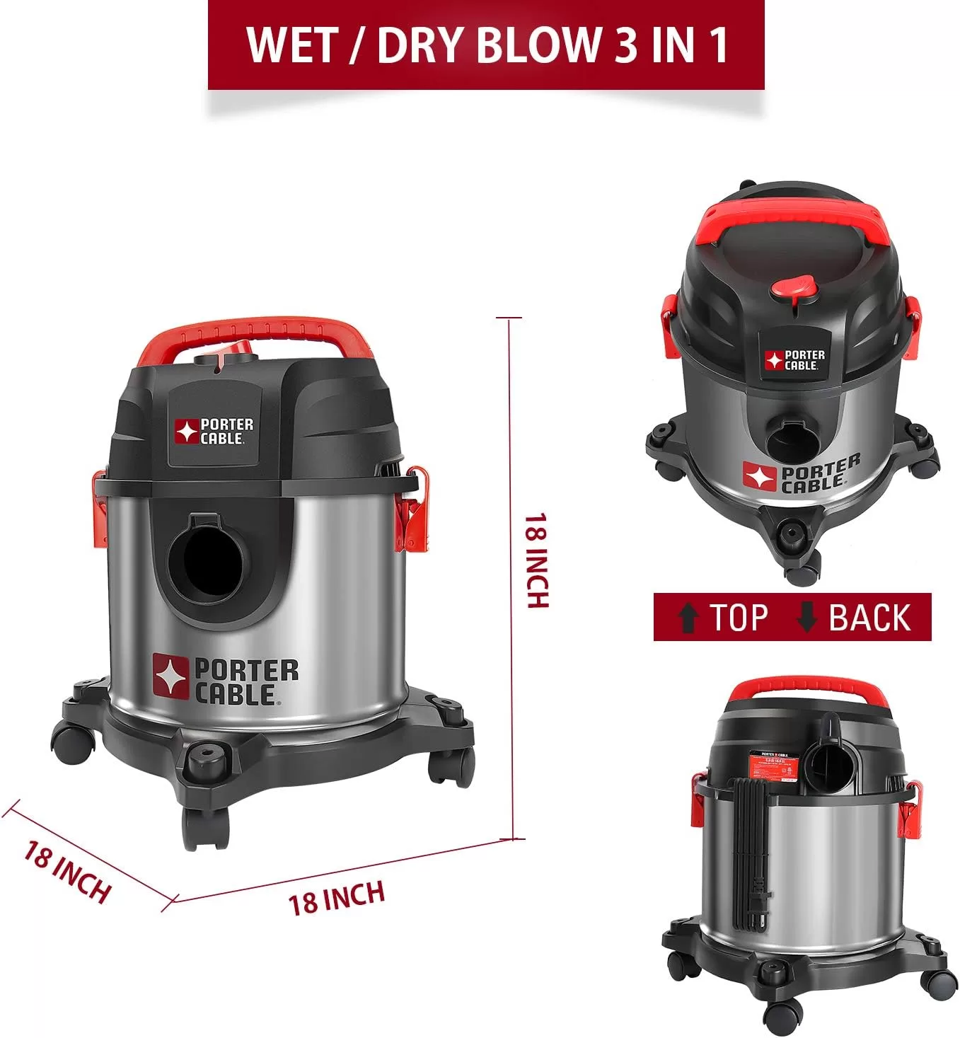 PORTER-CABLE Wet/Dry Vacuum 4 Gallon 4HP Stainless Steel Light Weight Portable, Silver+Red