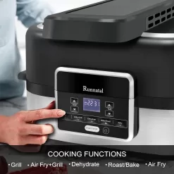 Runnatal 5-in-1 Smokeless Electric Indoor Grill with Air Fry, Roast, Bake & Dehydrate, Air Fryer, Black/Silver