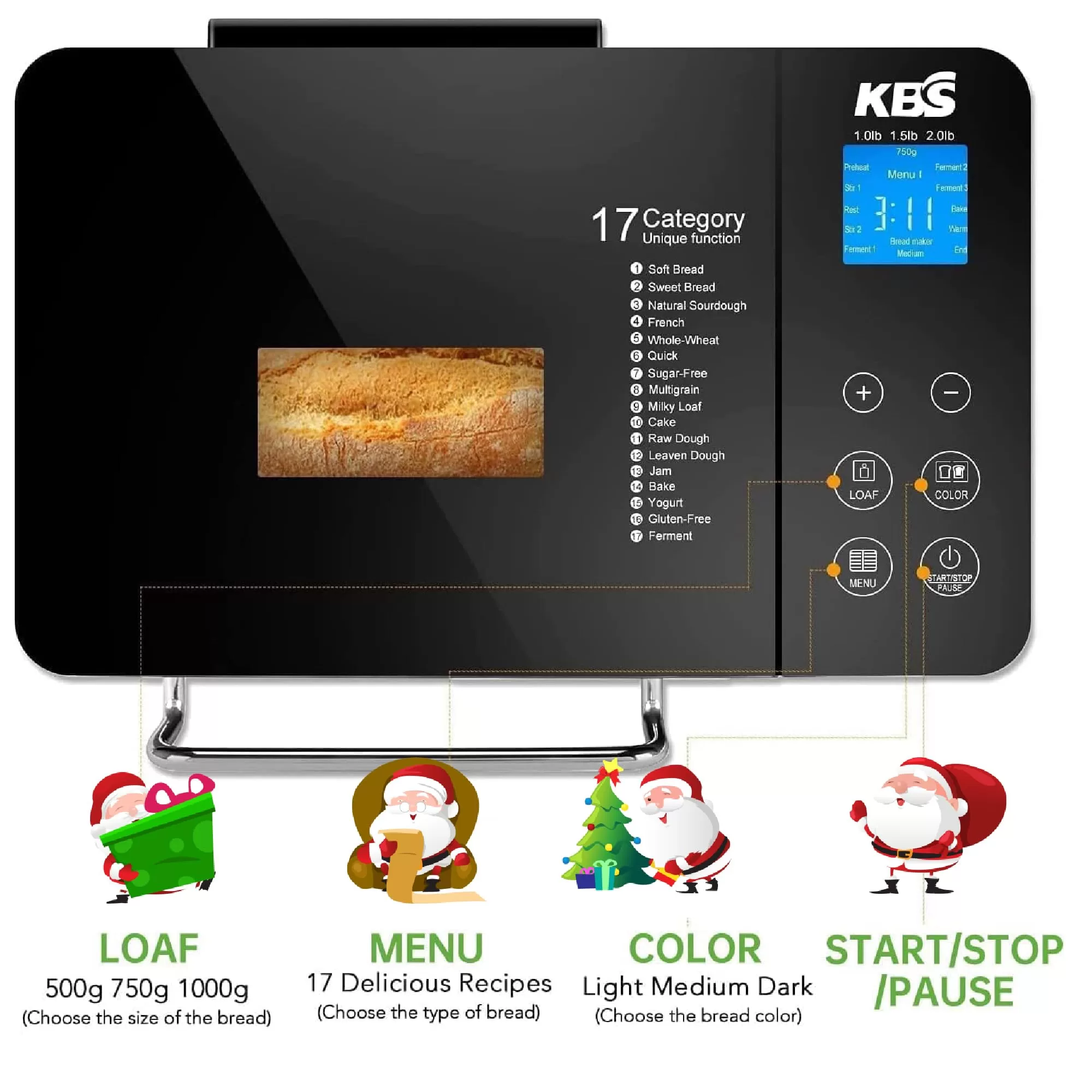 KBS Pro Stainless Steel Bread Machine, 2LB 17-in-1 Programmable XL Bread Maker with Fruit Nut Dispenser