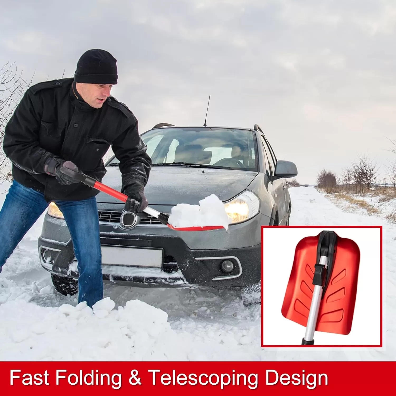 SnowPro Snow Shovel for Car, Fast Folding and Telescoping Design for Emergency Snow Removal