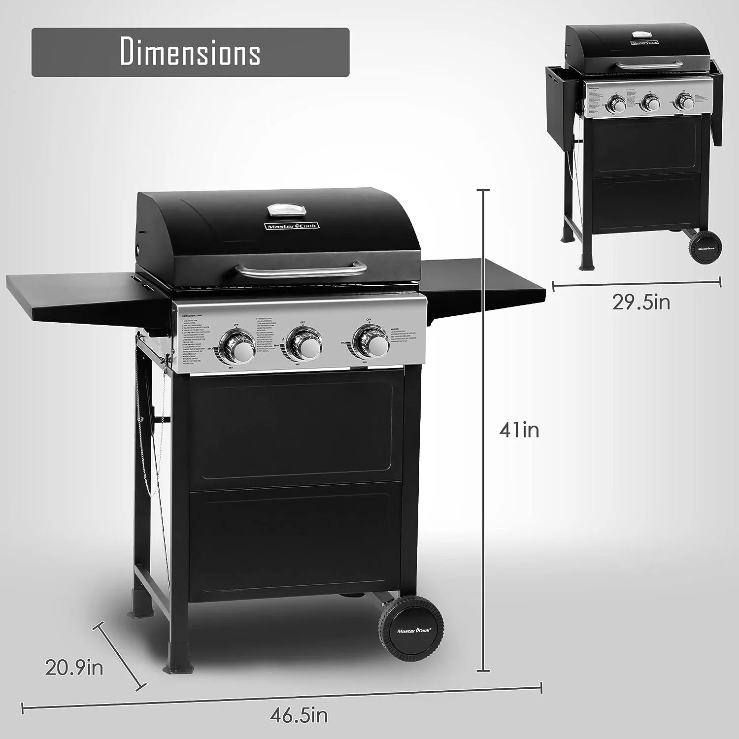 MASTER COOK 3 Burner BBQ Propane Gas Grill, Stainless Steel 30,000 BTU Patio Garden Barbecue Grill