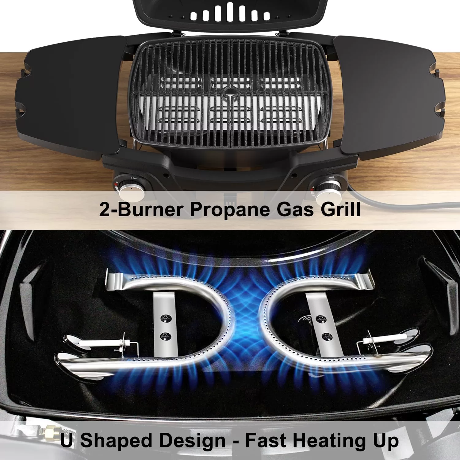 Portable Propane Gas Grill, 2-Burner Portable Gas Grill Small Tabletop Gas Grill, 24000BTU, Black