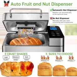 KBS Pro Stainless Steel Bread Machine, 2LB 17-in-1 Programmable XL Bread Maker with Fruit Nut Dispenser