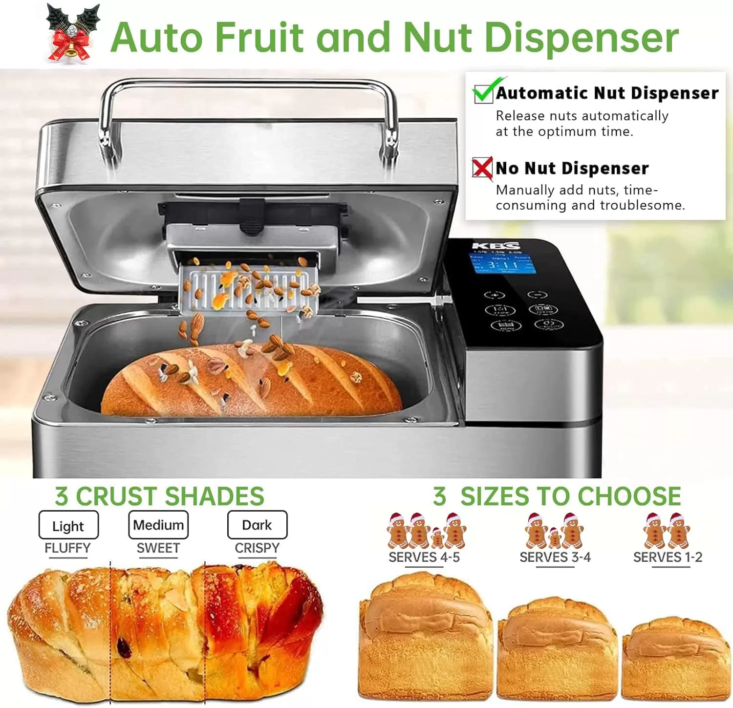 KBS Pro Stainless Steel Bread Machine, 2LB 17-in-1 Programmable XL Bread Maker with Fruit Nut Dispenser