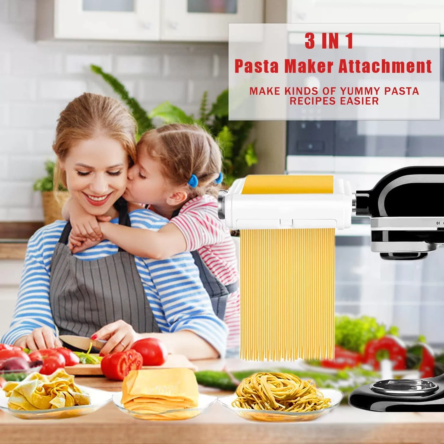 Pasta Maker Attachment for Kitchenaid Mixers, Noodle Maker 3 in 1 Set of Pasta Sheeter Fettuccine Cutter Spaghetti Cutter