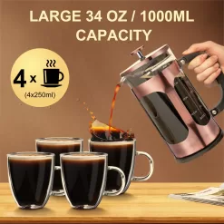 BAYKA 34 Ounce 1 Liter French Press Coffee Maker, Glass Classic Copper Stainless Steel Coffee Press