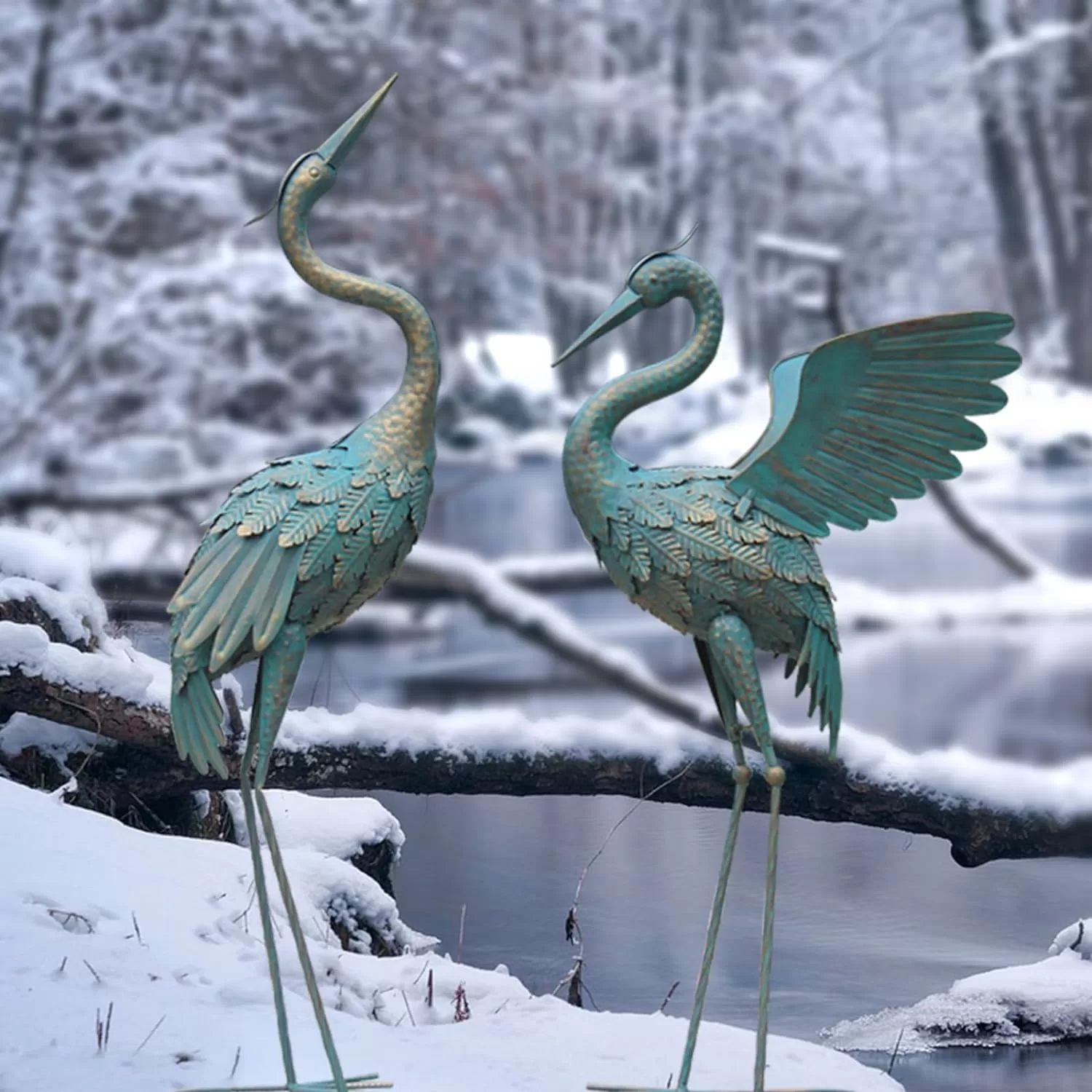 Oritty 33-37 Inch Metal Crane Garden Statue Décor, Bird Garden Sculpture & Statues, Set of 2