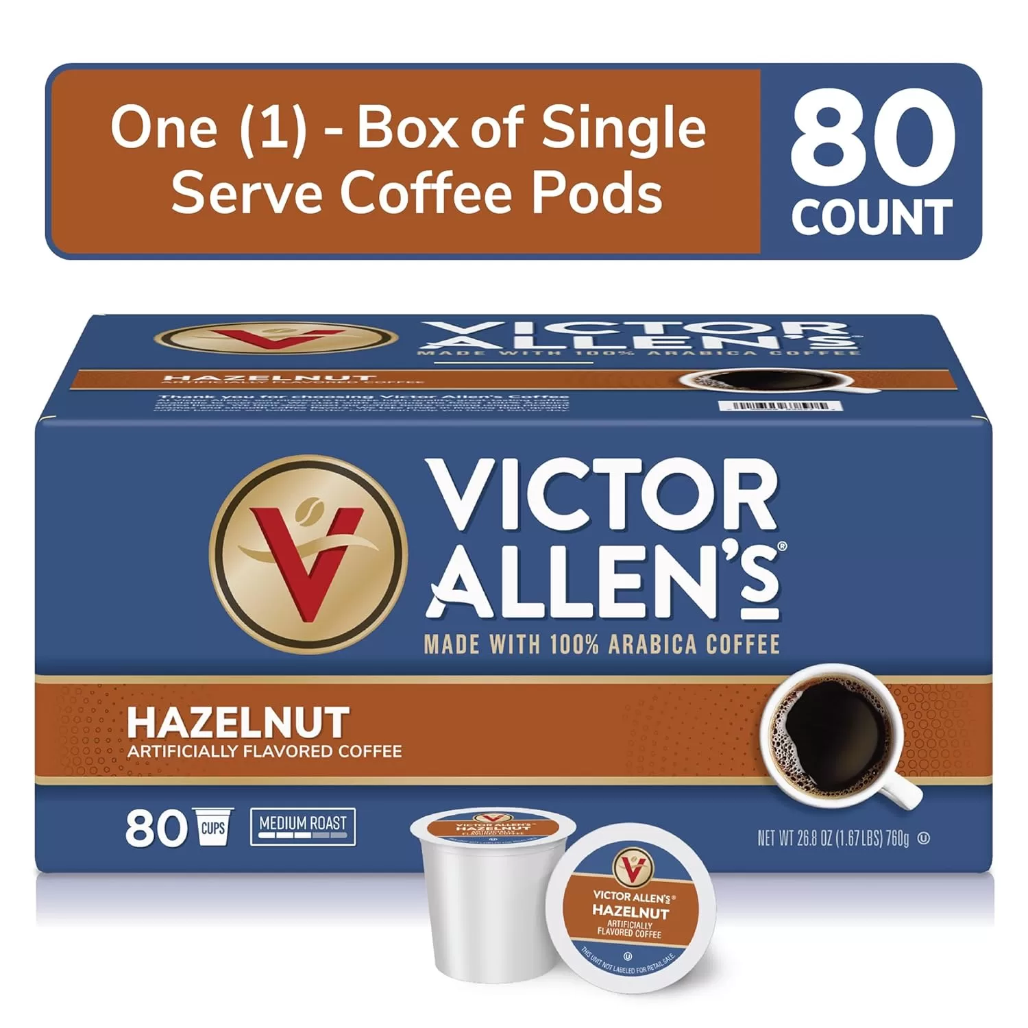 Victor Allen's Coffee Hazelnut Flavored, Medium Roast, 80 Count, Single Serve Coffee Pods for Keurig K-Cup Brewers