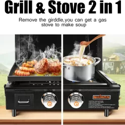 QuliMetal Table Top Grill Portable Griddle with Hood Non-Stick Flat Top Grill Griddle Propane Grill