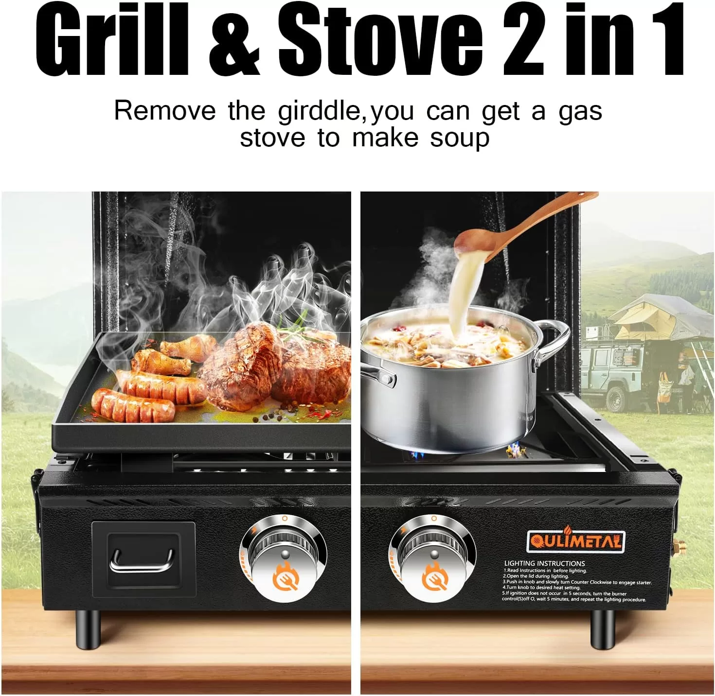 QuliMetal Table Top Grill Portable Griddle with Hood Non-Stick Flat Top Grill Griddle Propane Grill