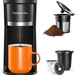 Famiworths Mini Coffee Maker Single Serve, Instant Coffee Maker One Cup for K Cup & Ground Coffee, Black