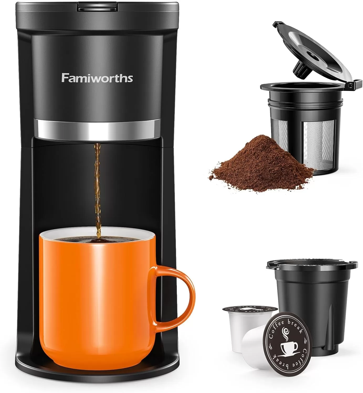Famiworths Mini Coffee Maker Single Serve, Instant Coffee Maker One Cup for K Cup & Ground Coffee, Black