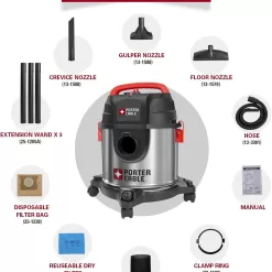 PORTER-CABLE Wet/Dry Vacuum 4 Gallon 4HP Stainless Steel Light Weight Portable, Silver+Red