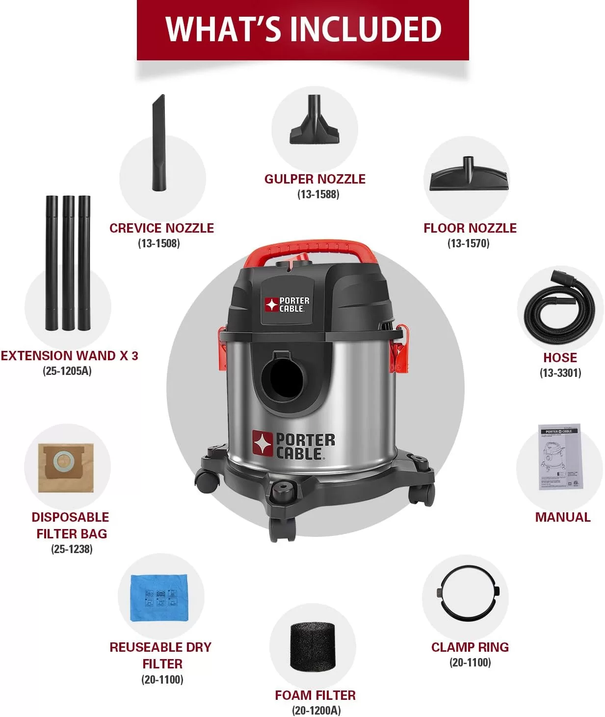 PORTER-CABLE Wet/Dry Vacuum 4 Gallon 4HP Stainless Steel Light Weight Portable, Silver+Red