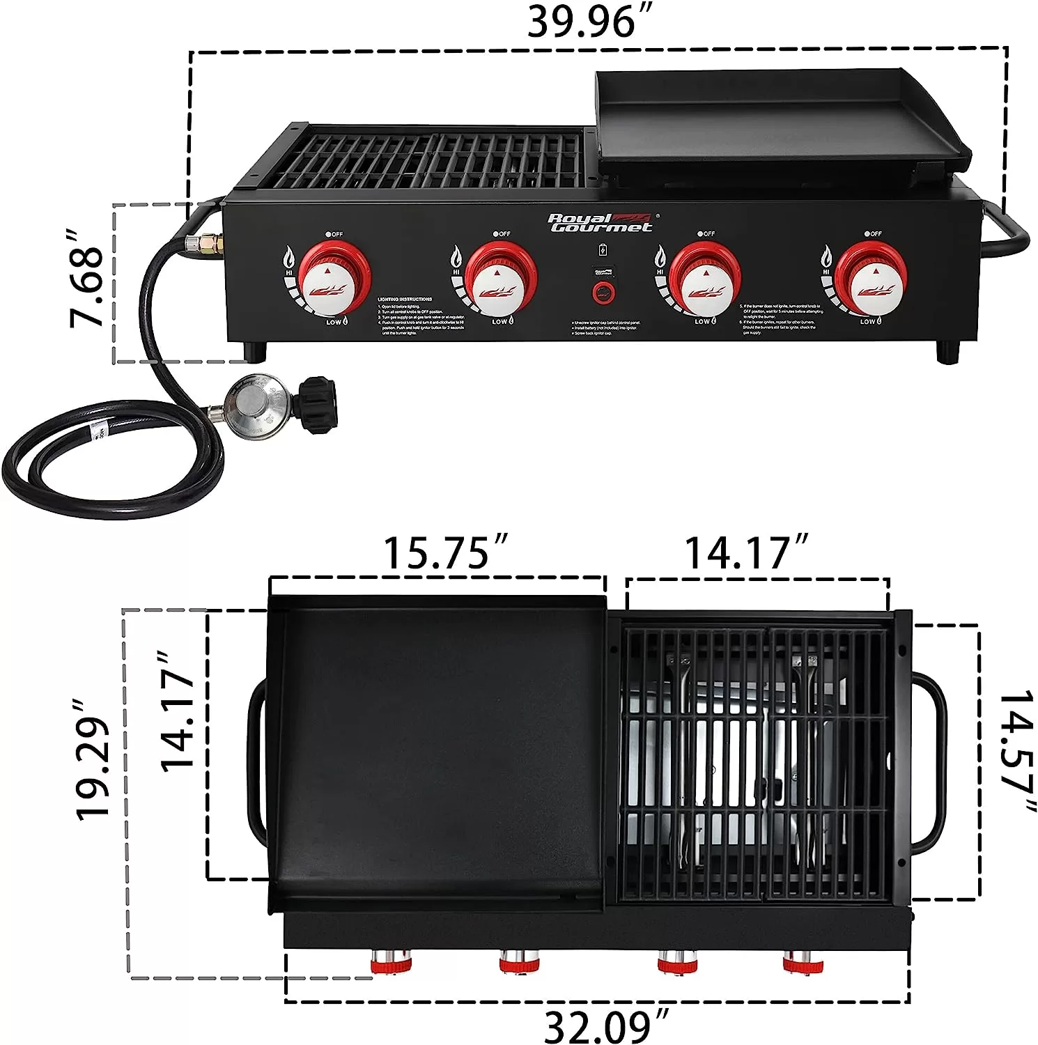 Royal Gourmet GD4002T Tailgater Tabletop Gas Grill Griddle, 4-Burner Portable Propane Grill Griddle Combo, 40 000 BTU, Black