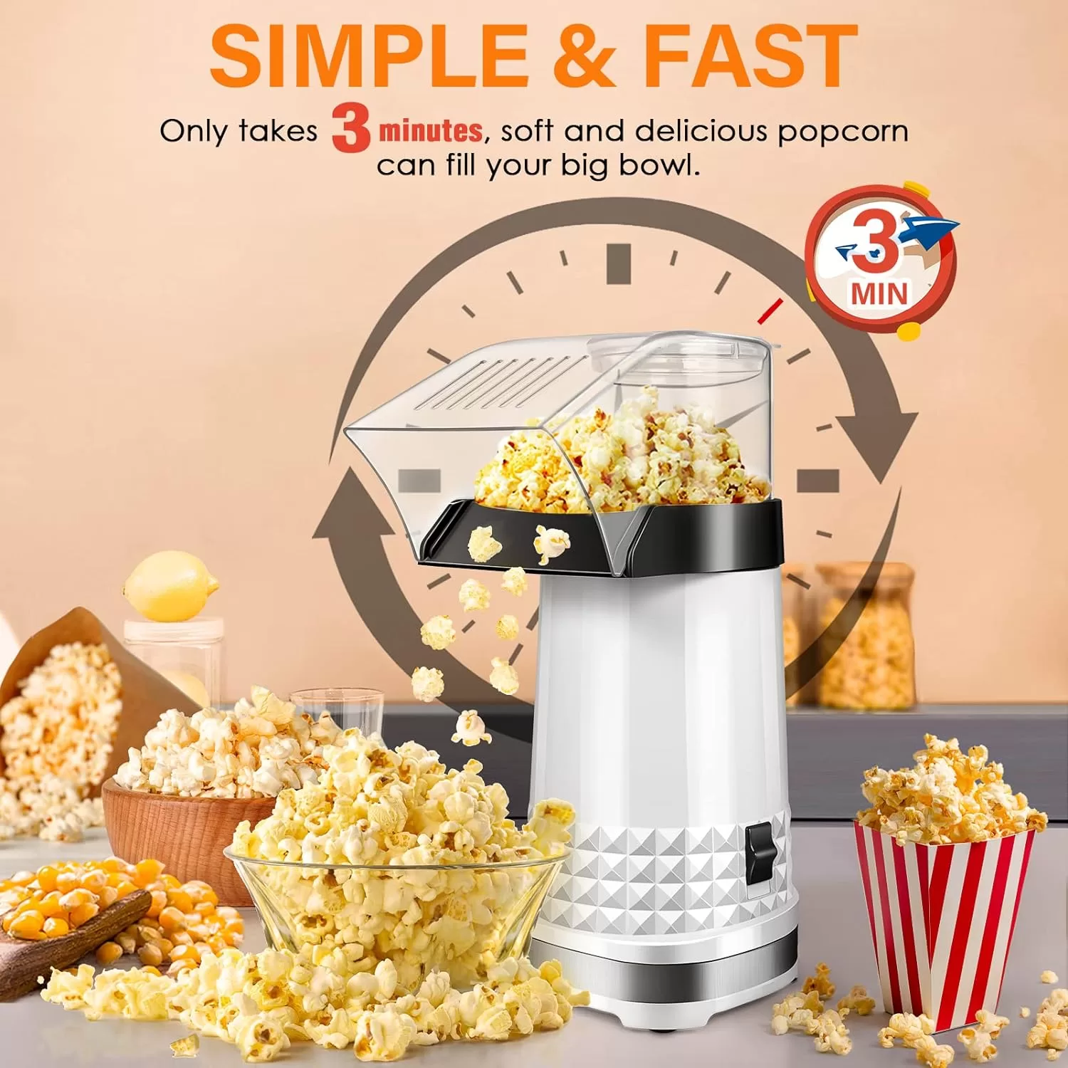 Vminno 1200W Fast Hot Air Popcorn Popper - 4.5 Quarts, Electric Popcorn Machine