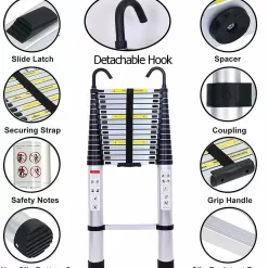 Telescoping Ladder 20FT Extension Ladder with 2 Detachable Hooks Aluminum Telescopic Ladder Collapsible Ladder, 330 Lb Capacity