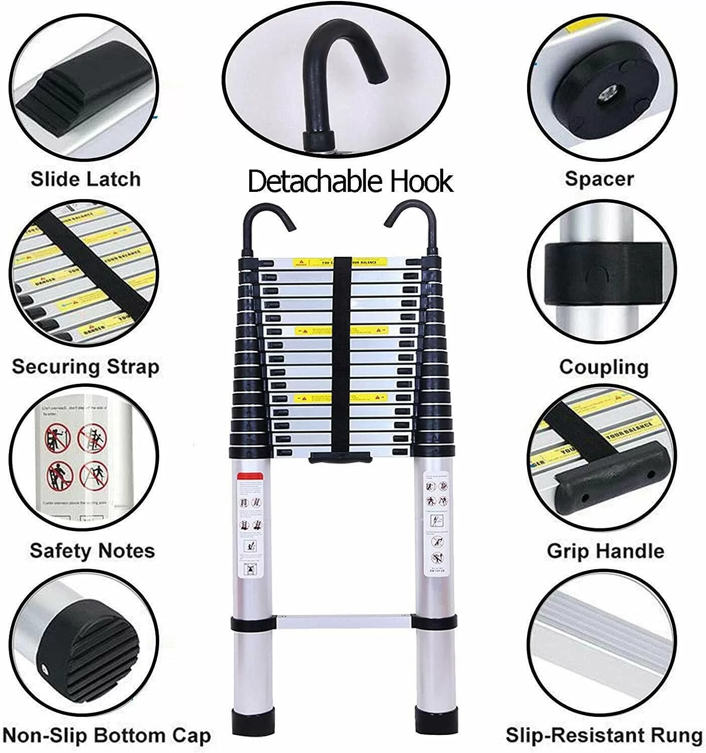 Telescoping Ladder 20FT Extension Ladder with 2 Detachable Hooks Aluminum Telescopic Ladder Collapsible Ladder, 330 Lb Capacity