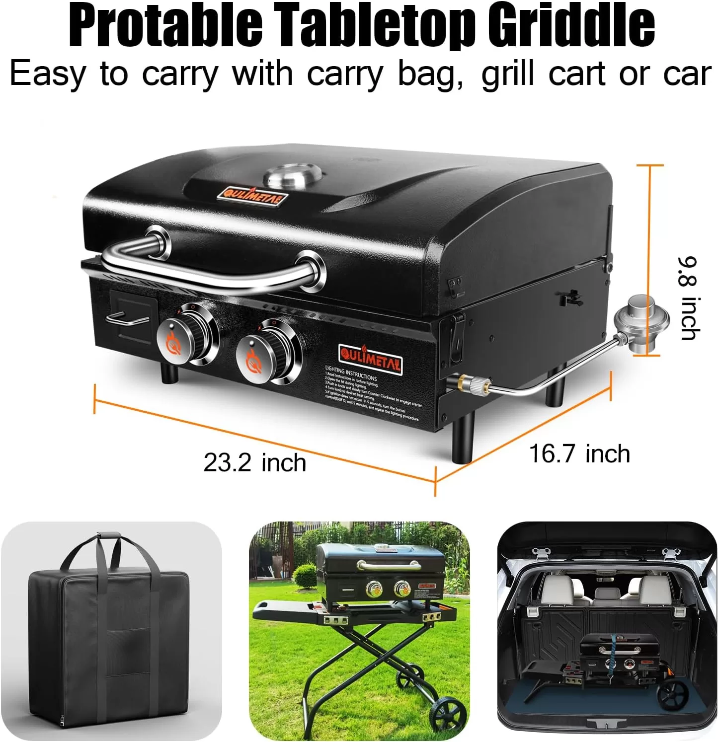 QuliMetal Table Top Grill Portable Griddle with Hood Non-Stick Flat Top Grill Griddle Propane Grill