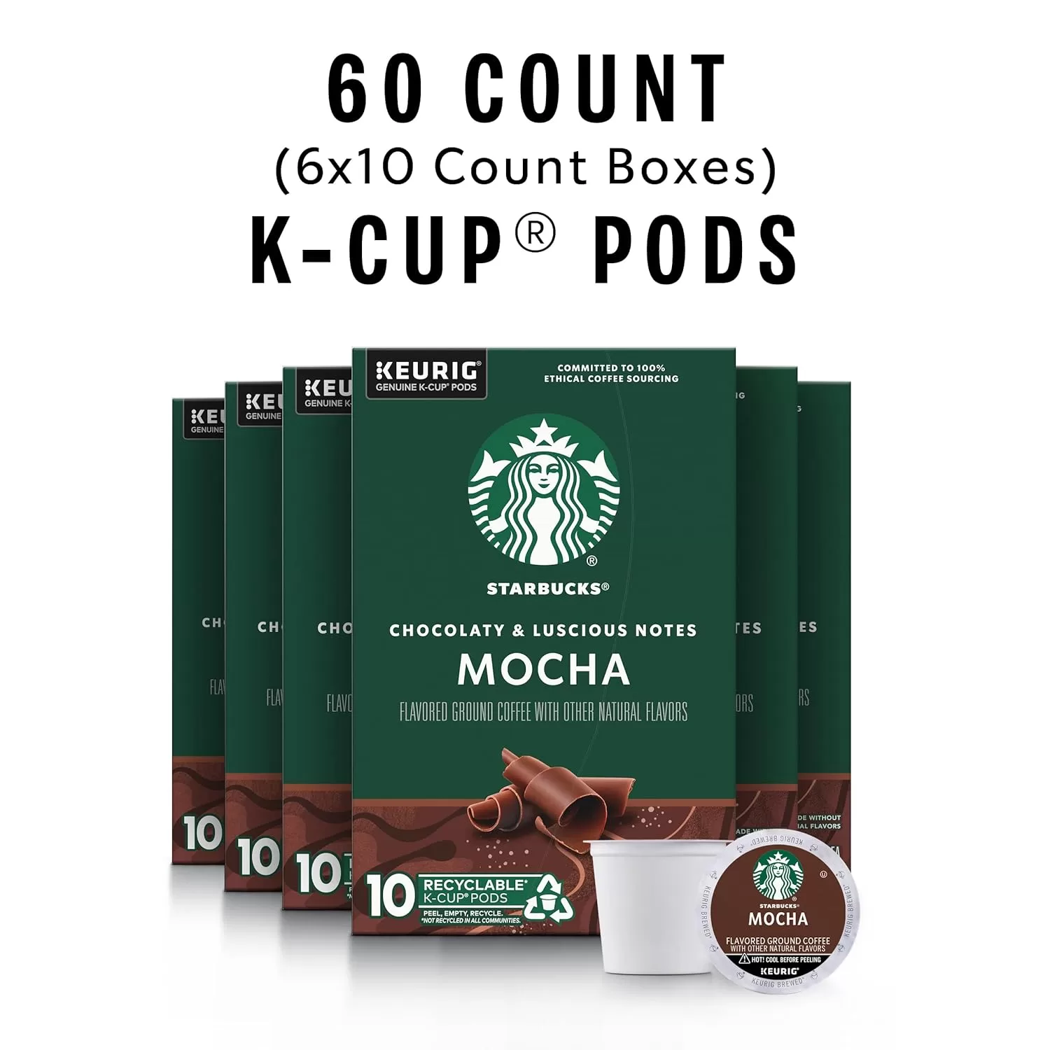 Starbucks Medium Roast K-Cup Coffee Pods — Mocha for Keurig Brewers — 6 boxes (60 pods total)