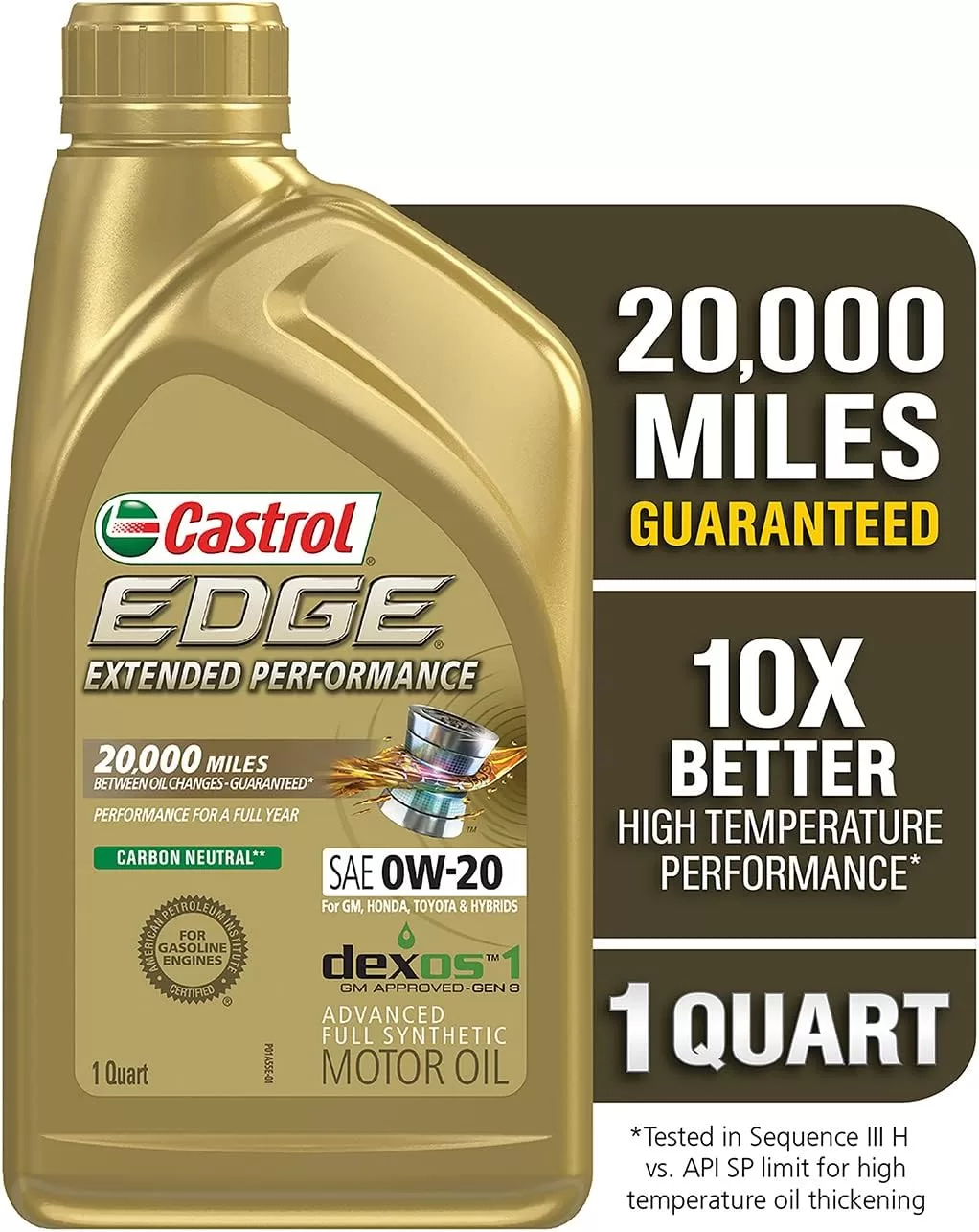 Castrol Edge Extended Performance 0W-20 Advanced Full Synthetic Motor Oil, 1 Quart, Pack of 6