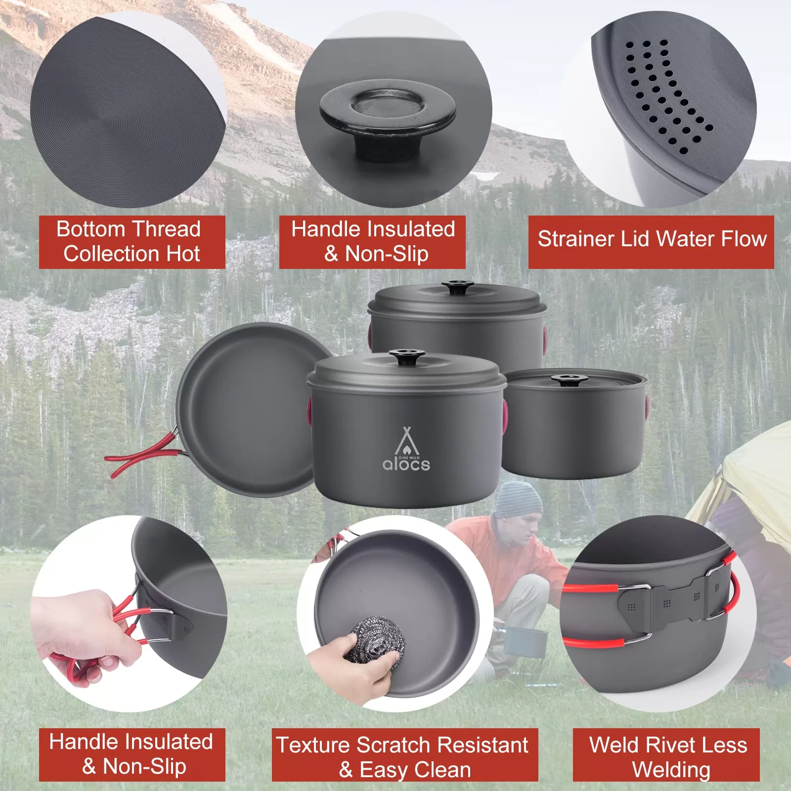 Alocs Camping Cookware Set Camping Gear, Compact Camping Pots and Pans Set, Durable Hard Alumina Camping Cooking Set