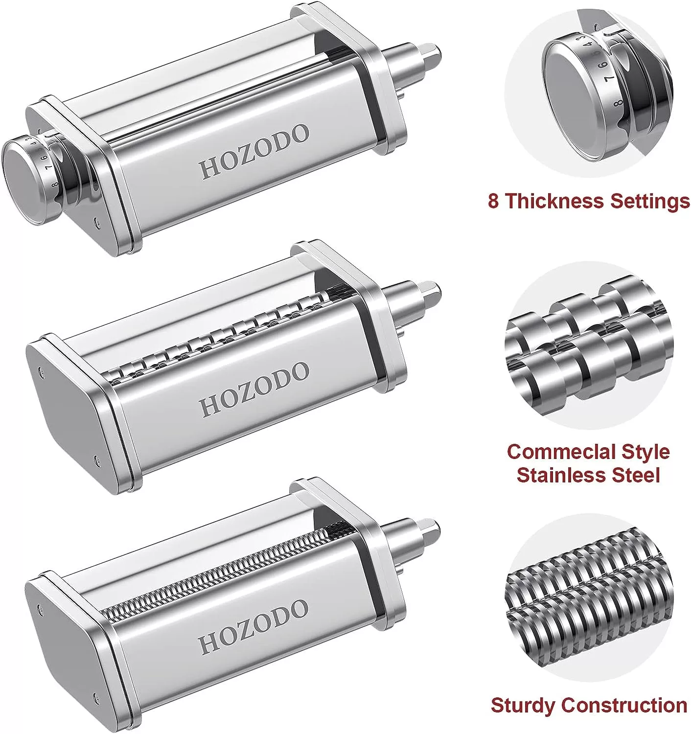 Pasta Attachment for KitchenAid Mixer, Includes Pasta Sheet Roller, Spaghetti Fettuccine Cutter, 3Pcs for Pasta Attachment by HOZODO