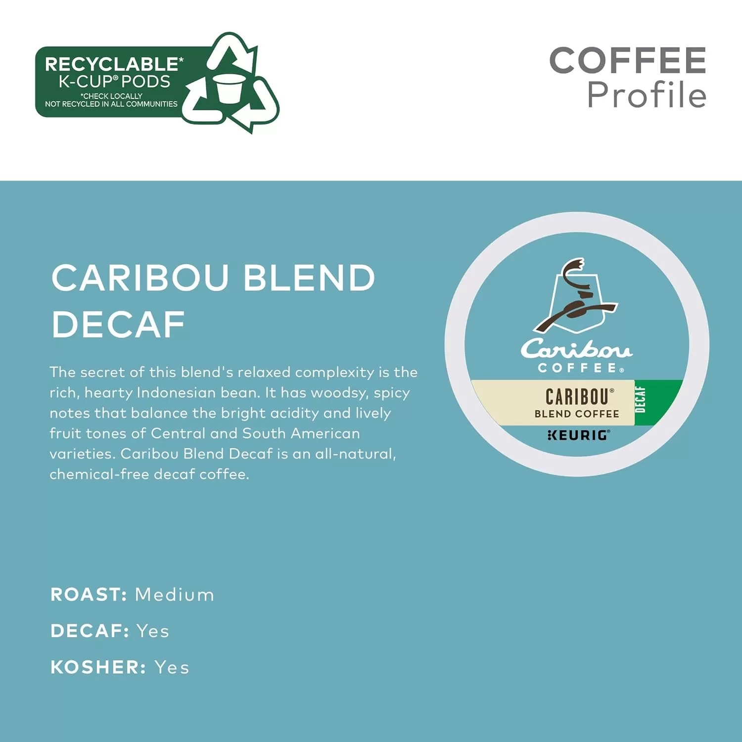 Caribou Coffee Caribou Blend Decaf, Single-Serve Keurig K-Cup Pods, Medium Roast Coffee, 96 Count