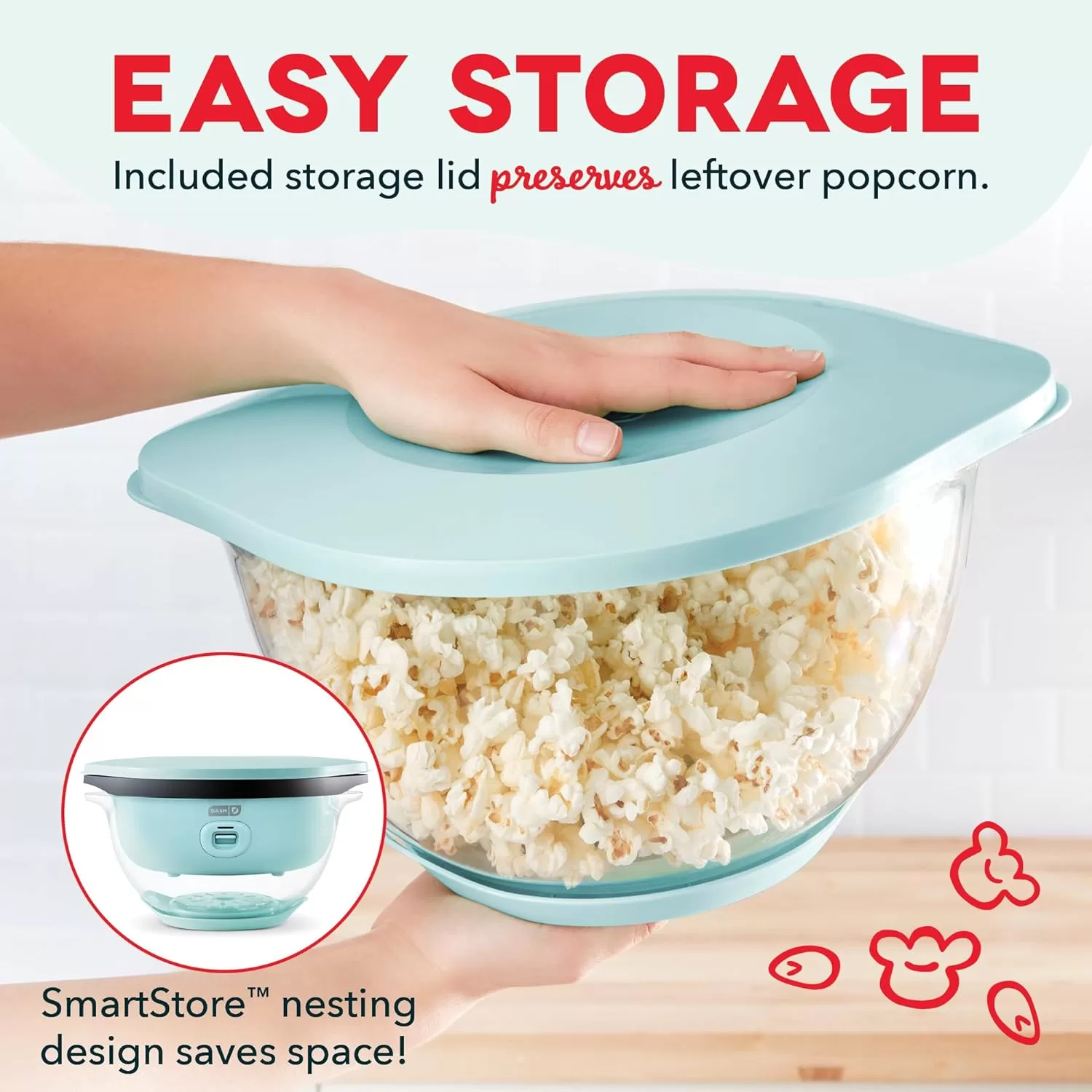 DASH SmartStore Deluxe Stirring Popcorn Maker, Hot Oil Electric Popcorn Machine, 24 Cups – Aqua