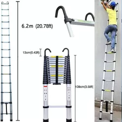 Telescoping Ladder 20FT Extension Ladder with 2 Detachable Hooks Aluminum Telescopic Ladder Collapsible Ladder, 330 Lb Capacity
