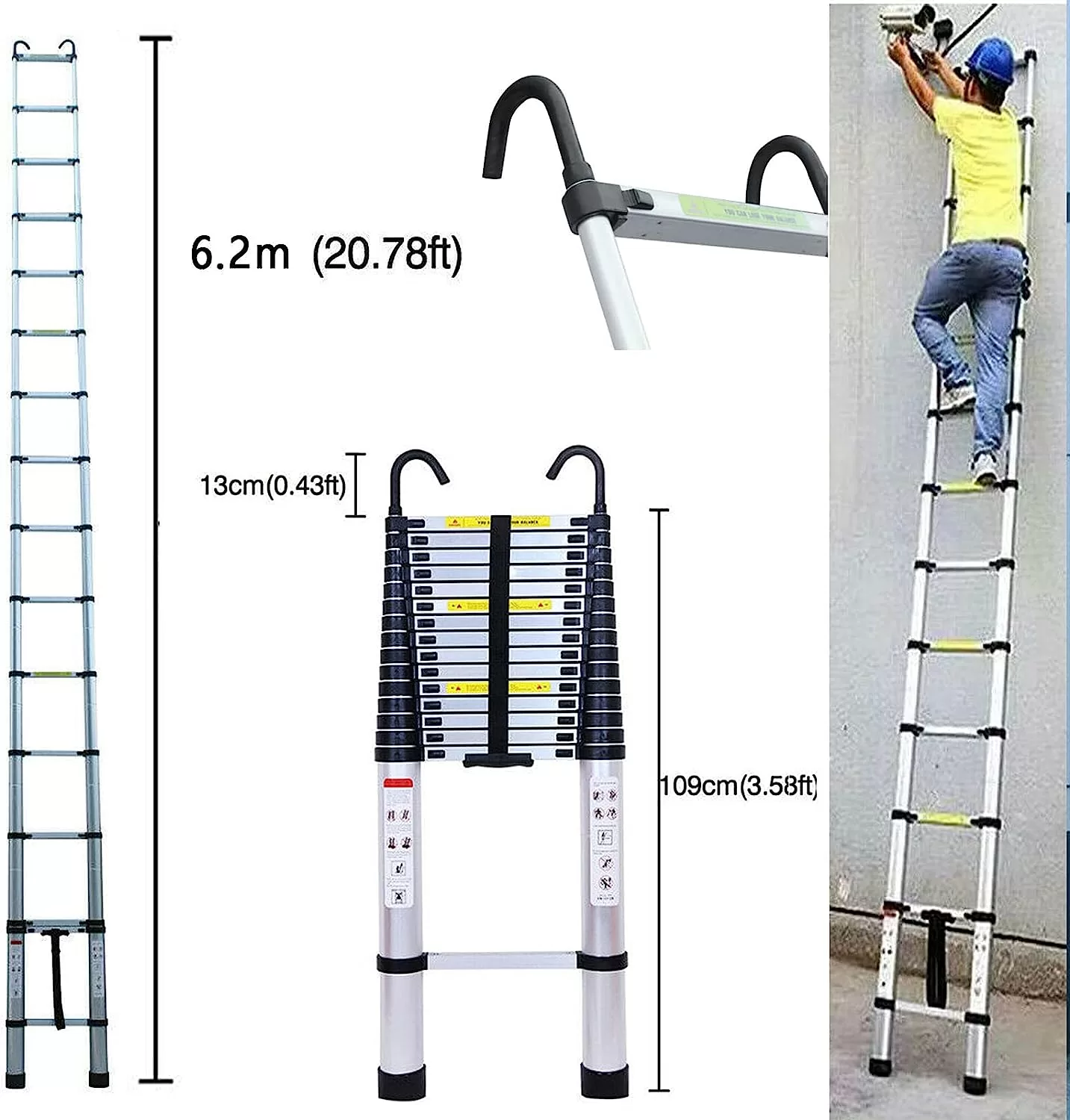 Telescoping Ladder 20FT Extension Ladder with 2 Detachable Hooks Aluminum Telescopic Ladder Collapsible Ladder, 330 Lb Capacity