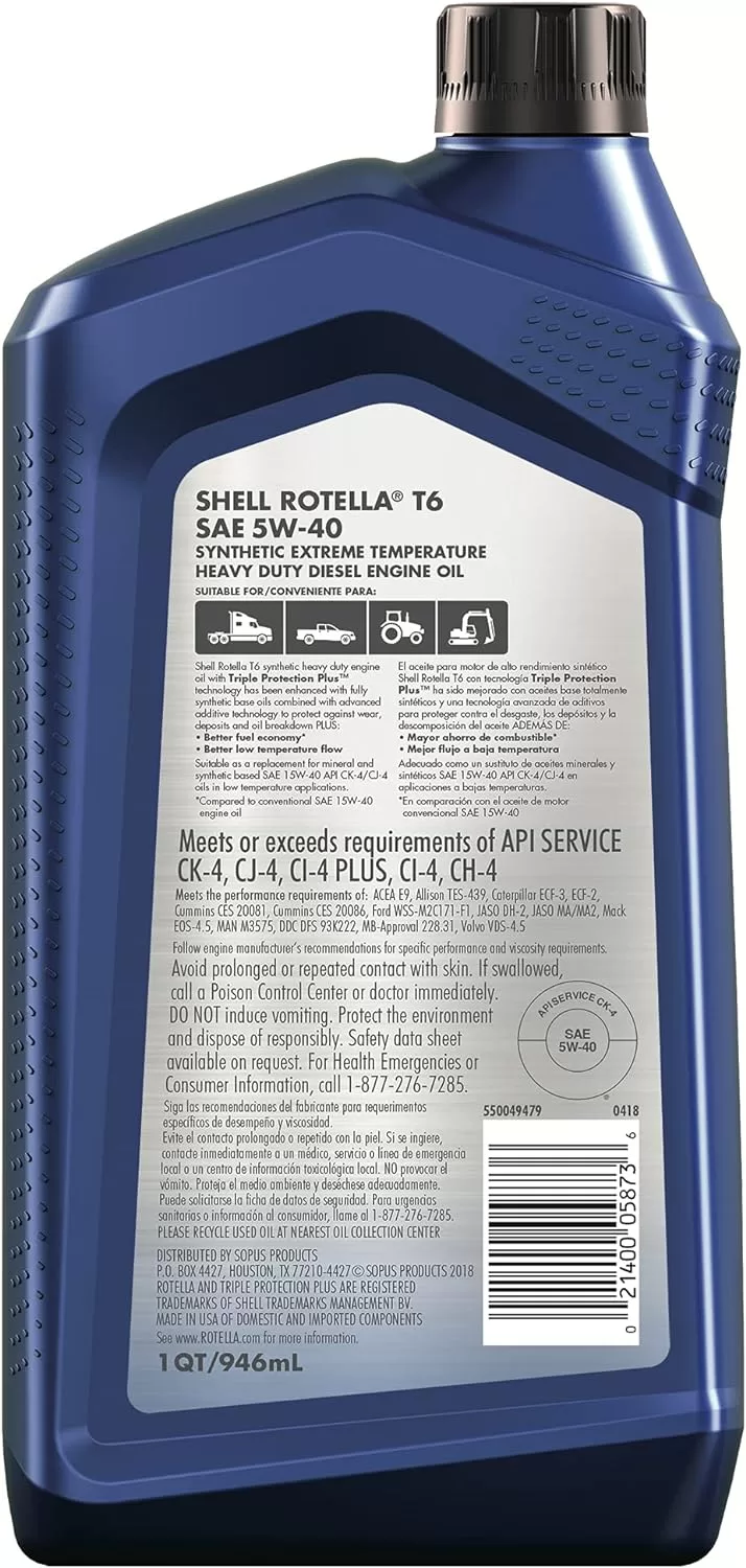 Shell Rotella T6 Full Synthetic 5W-40 Diesel Engine Oil (1-Quart, Case of 6)