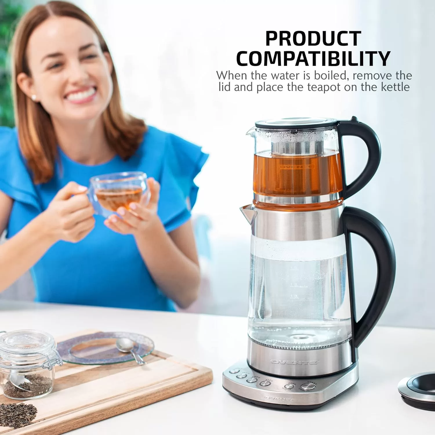 OVENTE Glass Electric Kettle Hot Water Boiler 1.7 Liter ProntoFill Tech Portable Kettle w/ Set Temperature Control