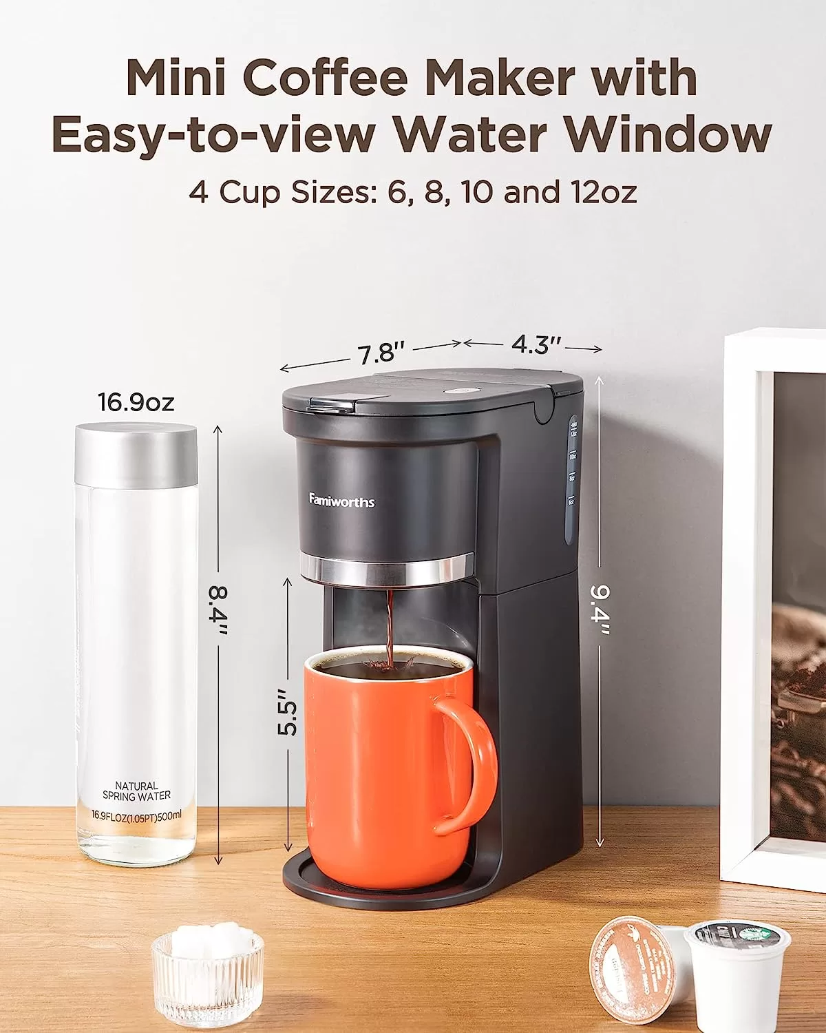Famiworths Mini Coffee Maker Single Serve, Instant Coffee Maker One Cup for K Cup & Ground Coffee, Black