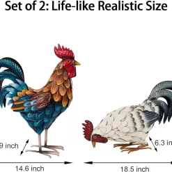 Shorayn Metal Rooster Statues, Outdoor Garden Statues, Metal Chicken Decor, Set of 2