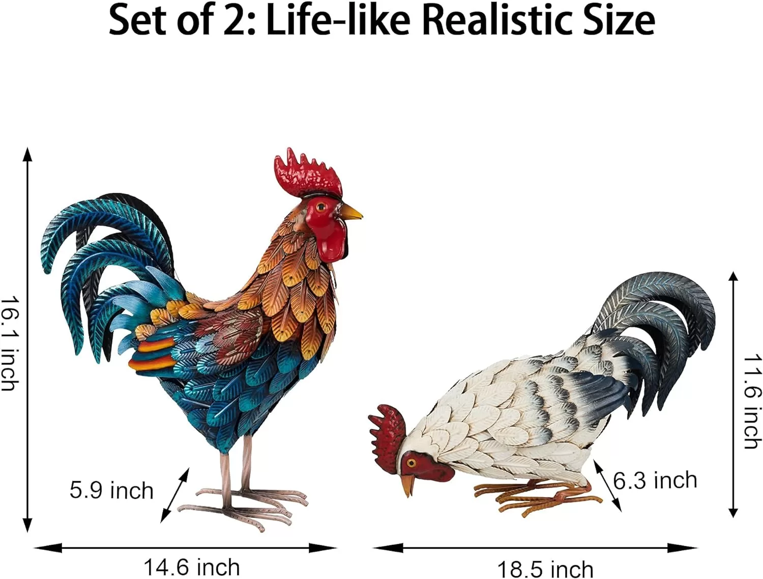 Shorayn Metal Rooster Statues, Outdoor Garden Statues, Metal Chicken Decor, Set of 2
