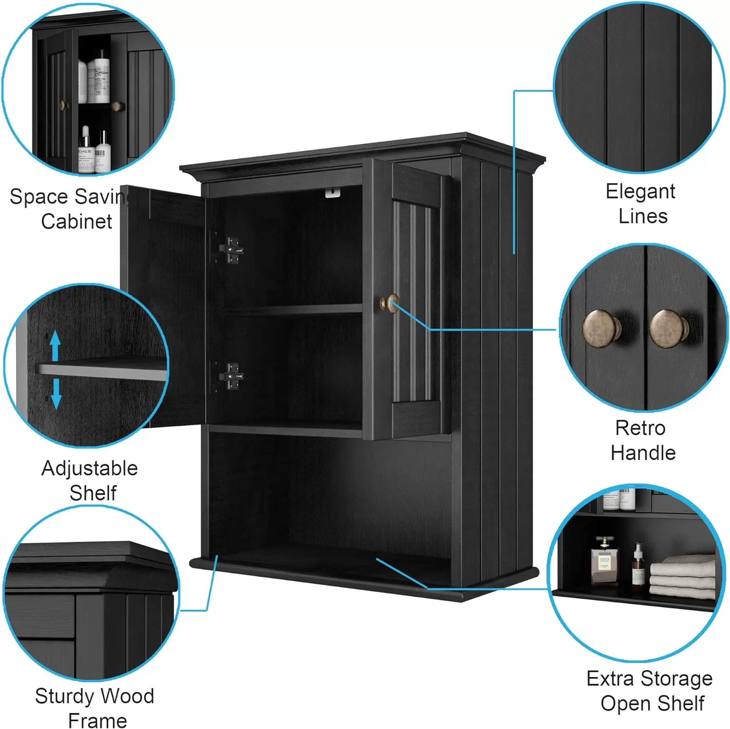 Treocho Wood Wall Cabinet Bathroom Medicine Cabinet Storage, Black
