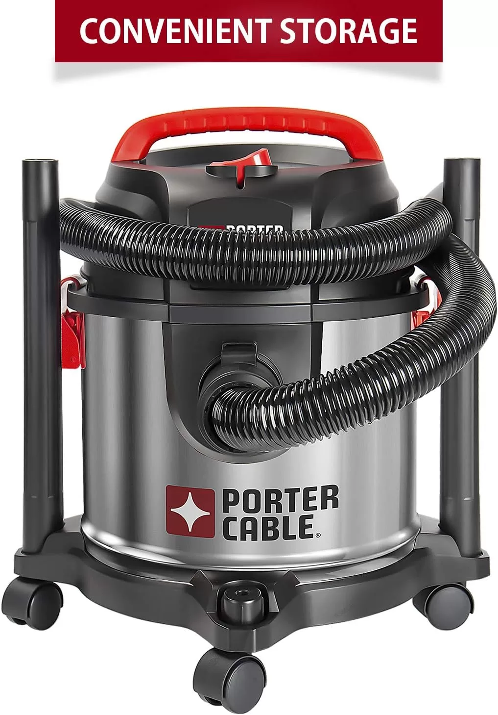 PORTER-CABLE Wet/Dry Vacuum 4 Gallon 4HP Stainless Steel Light Weight Portable, Silver+Red
