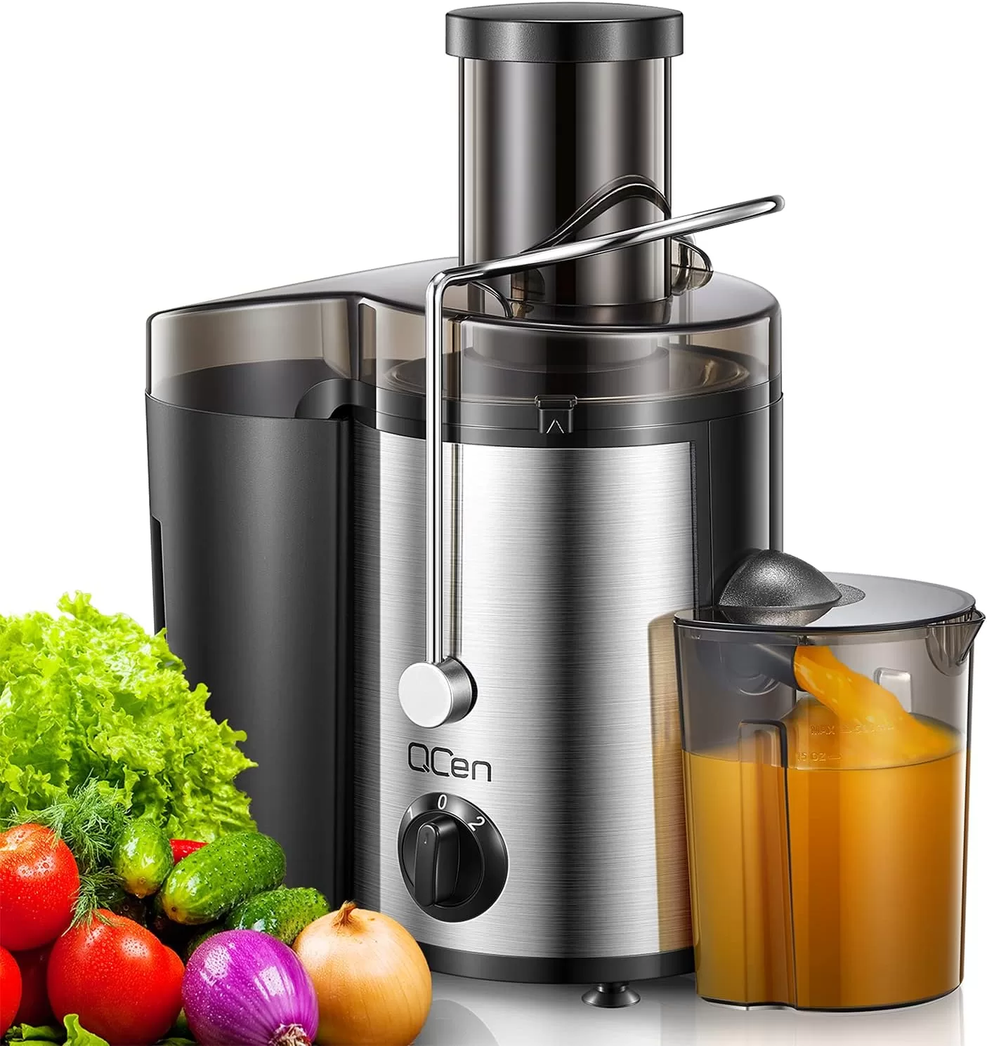 Qcen Juicer Machine, 500W Centrifugal Juicer Extractor with Wide Mouth 3” Feed Chute for Fruit Vegetable (Black)