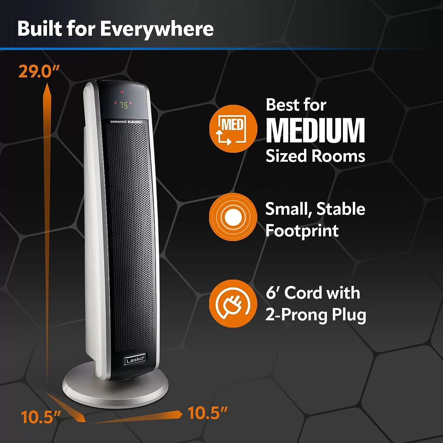 Lasko 29” Ceramic Tower Heater for Large Rooms, Whole Room Heating, 1500W, Black, 5586