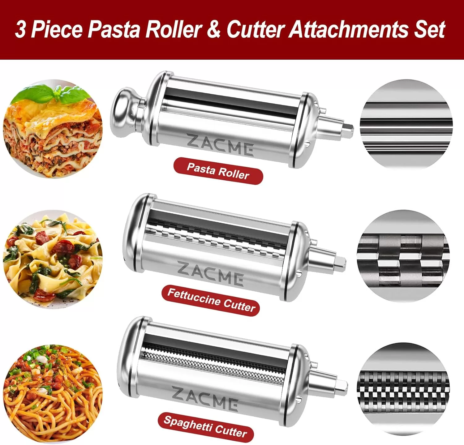 Pasta Maker Attachment Set for All KitchenAid Stand Mixer Included Pasta Sheet Roller, 3 Piece