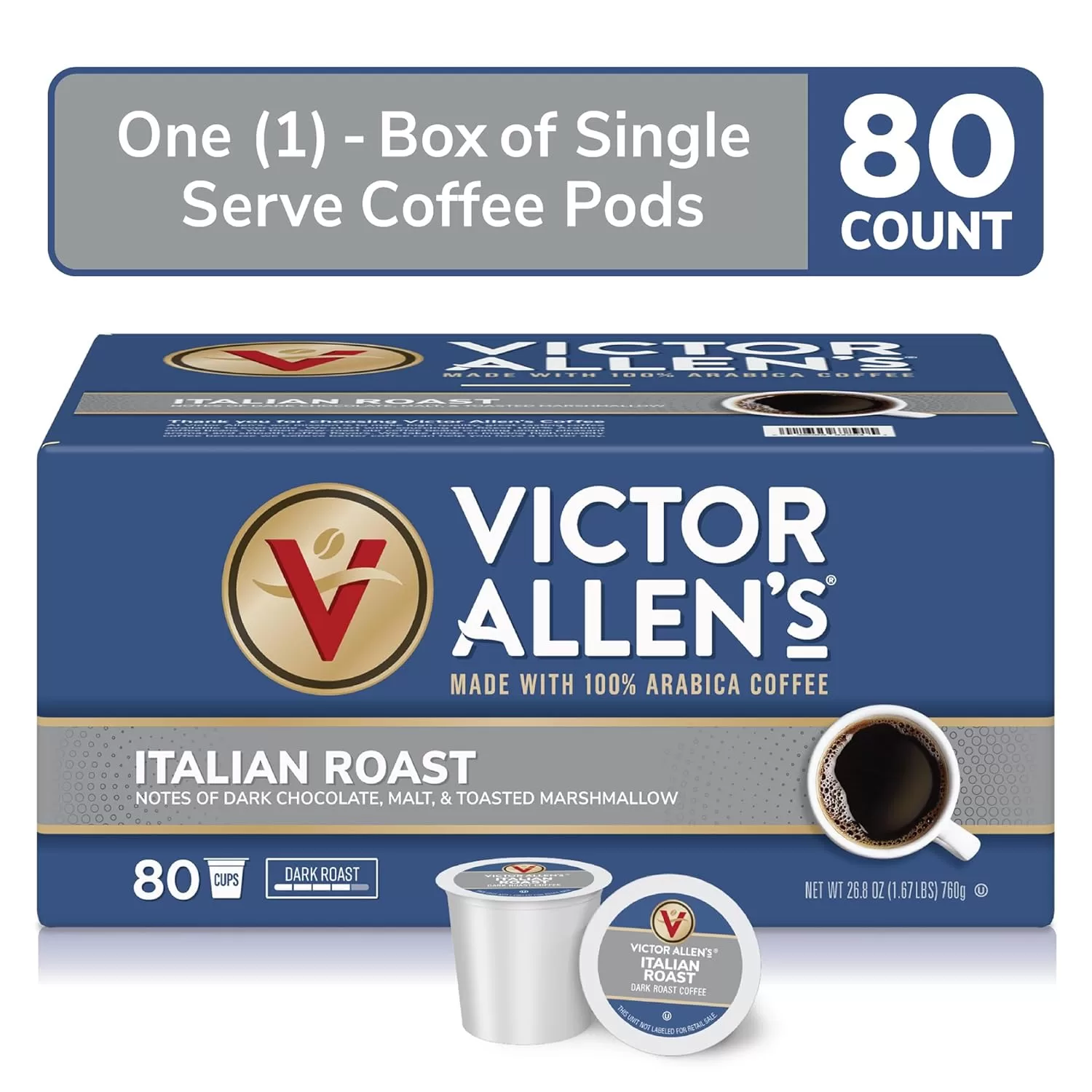 Victor Allen's Coffee Italian Roast, Dark Roast, 80 Count, Single Serve Coffee Pods for Keurig K-Cup Brewers
