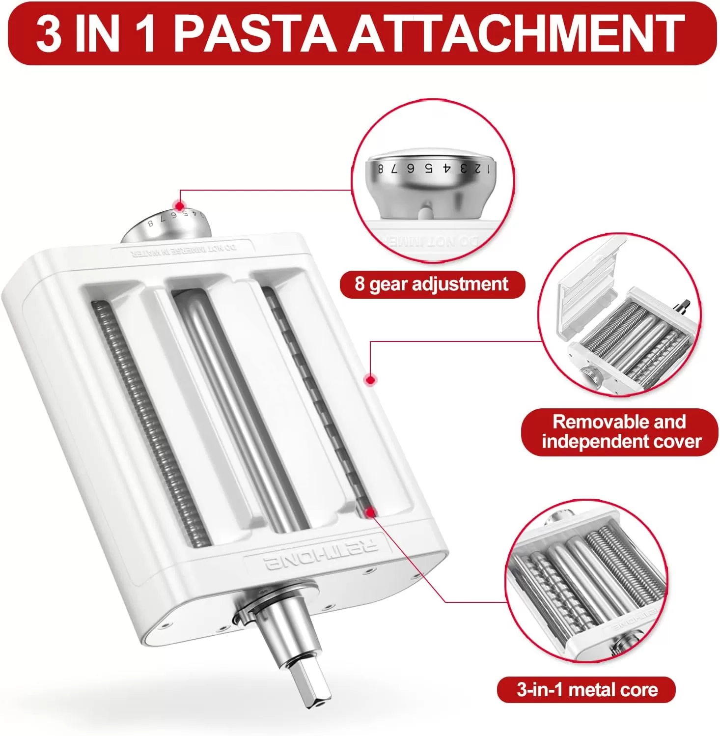 RETHONE Pasta Maker Attachment for KitchenAid Stand Mixers -3 in 1 Set Pasta Attachments