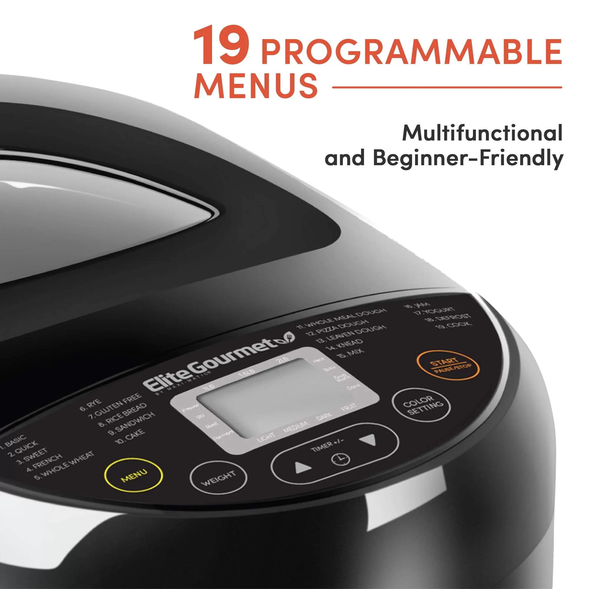 Elite Gourmet EBM8103B Programmable Bread Maker Machine 3 Loaf Sizes, 2 Lbs, Black