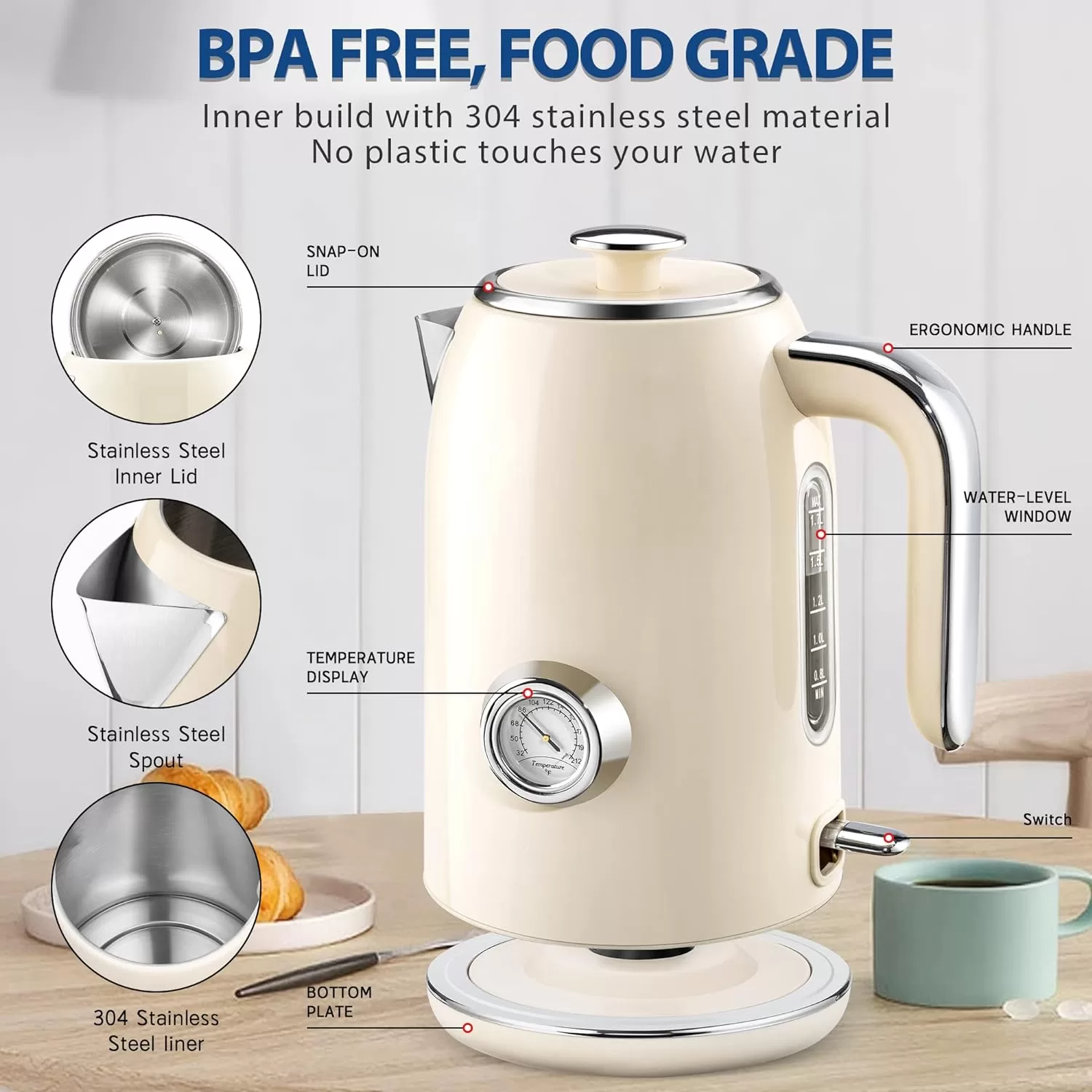 SULIVES Electric Kettle, 1.7L Stainless Steel Tea Kettle with Temperature Gauge