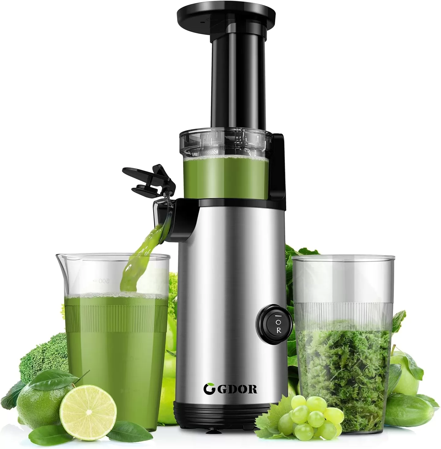 Compact GDOR Masticating Juicer, Brush Included, 20 Oz Juice Cup, BPA-Free, Sliver